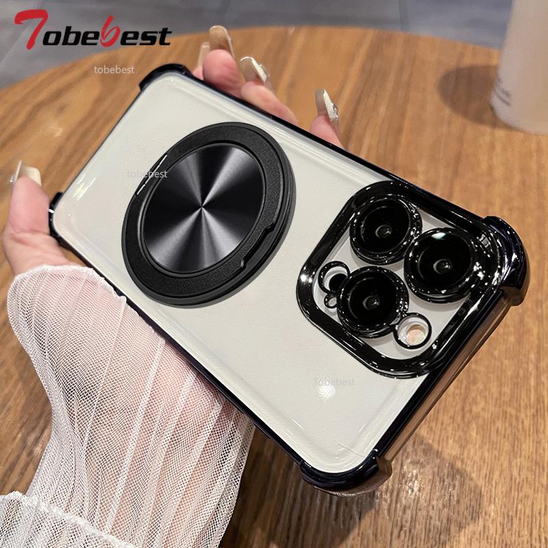 360 Degree Rotating Magnetic Bracket Shockproof Plating Case For iPhone 16 16E 15 14 Plus 13 12 11 Pro Max Silicone Cover