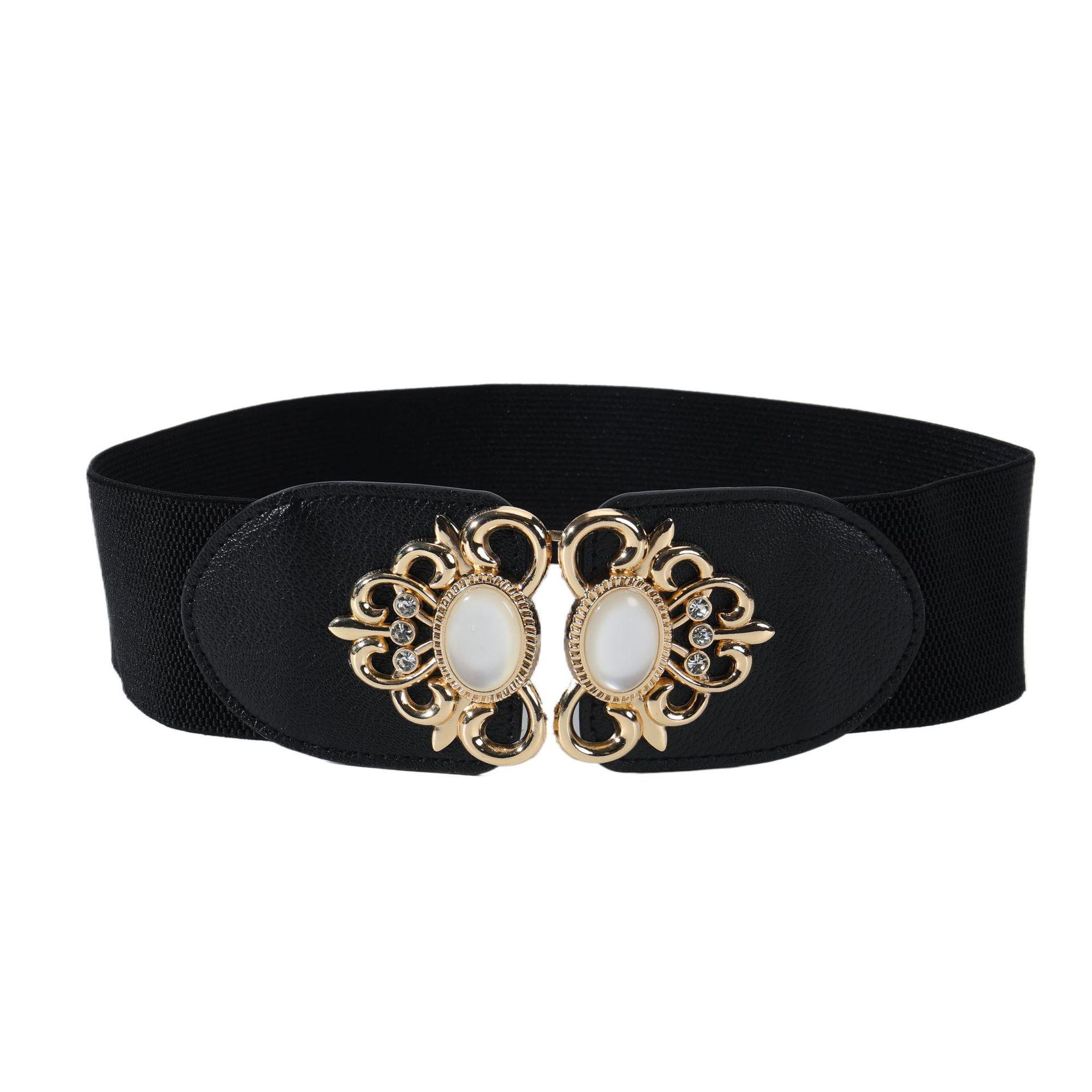 

Women s Cat s Eye Stone Elastic Waist Belt with Metal Flower Leather Design - Versatile Wide Belt 2025 чёрный