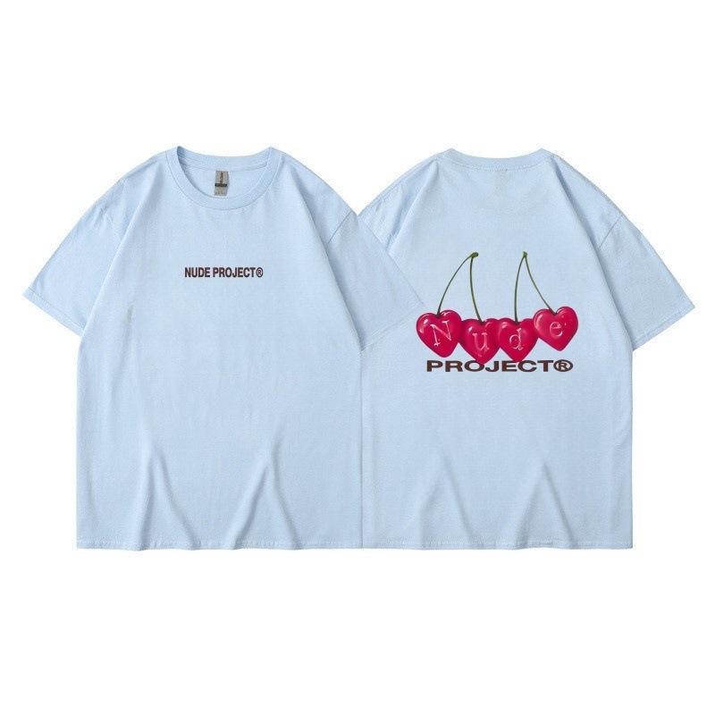 

Женская летняя удобная повседневная дышащая однотонная футболка с принтом вишни на спине - Мягкая летняя одежда свободного кроя XXXL светло-синий