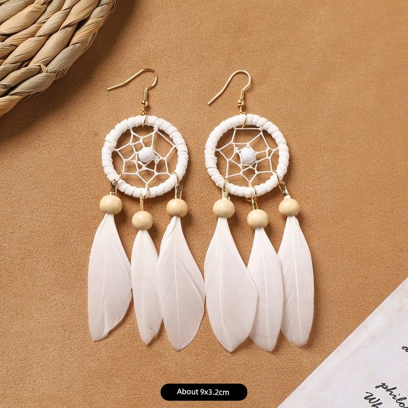 Ethnic Style Bohemia Feather Earrings White Long Style Fashion Retro Stylish Tassel Female Holiday Trip Shoot Earrings