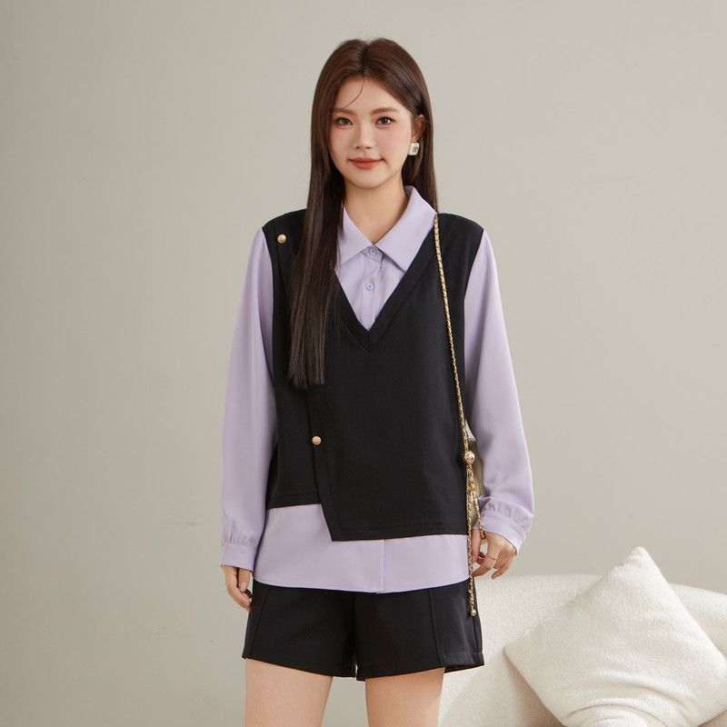 

High-End Plus-Size Women s Clothing for Fat Girls, Designer Tops for Autumn and Winter, New Korean Style Patchwork Fake Two-Piece Slimming Tops
