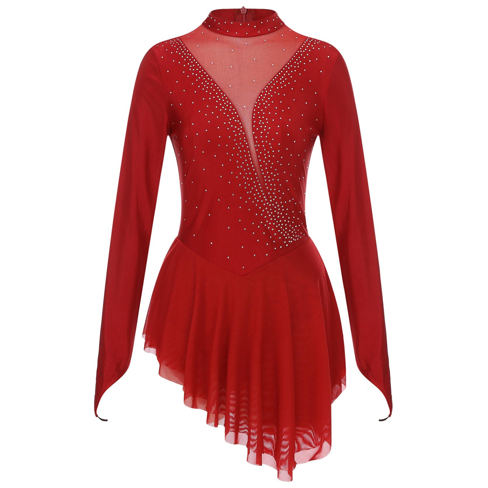IEFiEL Vrouwen Kunstschaatskostuum Glanzend Strass Sheer Mesh Lyrische Dans Ballet Gymnastiek Turnpakje Jurk met lange mouwen M