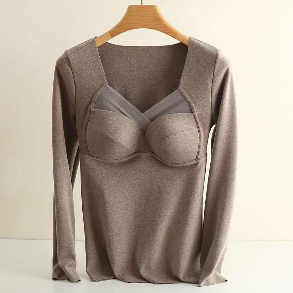 V Mesh Neck Women Thermal Clothes Solid Color Velvet Fleece Thermal Underwear Feel Heating Lingerie Warmth Long Tops Undershirt