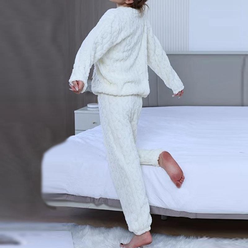 Damen Herbst- und Winter Korallenfleece Freizeit-Pyjama-Set Warmes Langarm-Oberteil und Hose Hauskleidung Zweiteilig