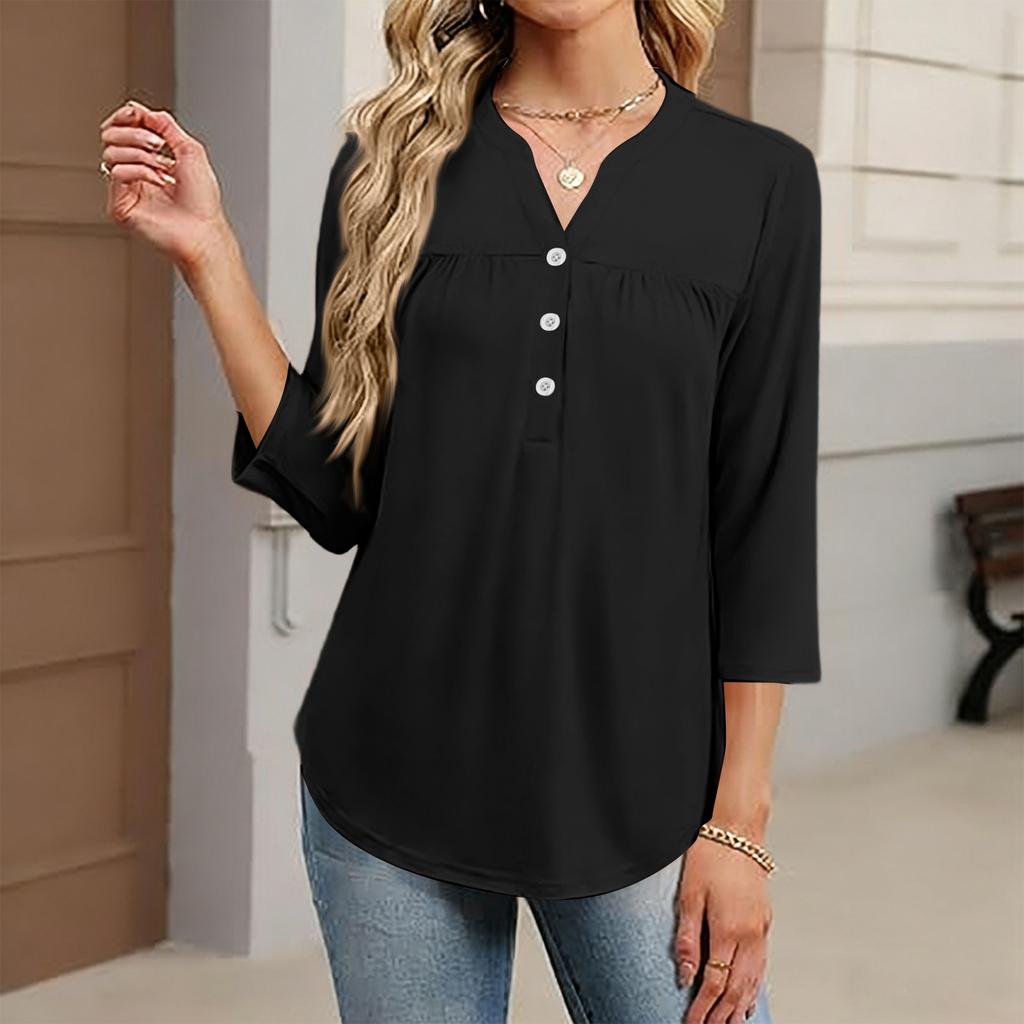 Women's Fashionable Casual Color V-Neck Decorative Button Three-Quarter Sleeve T-Shirt Top