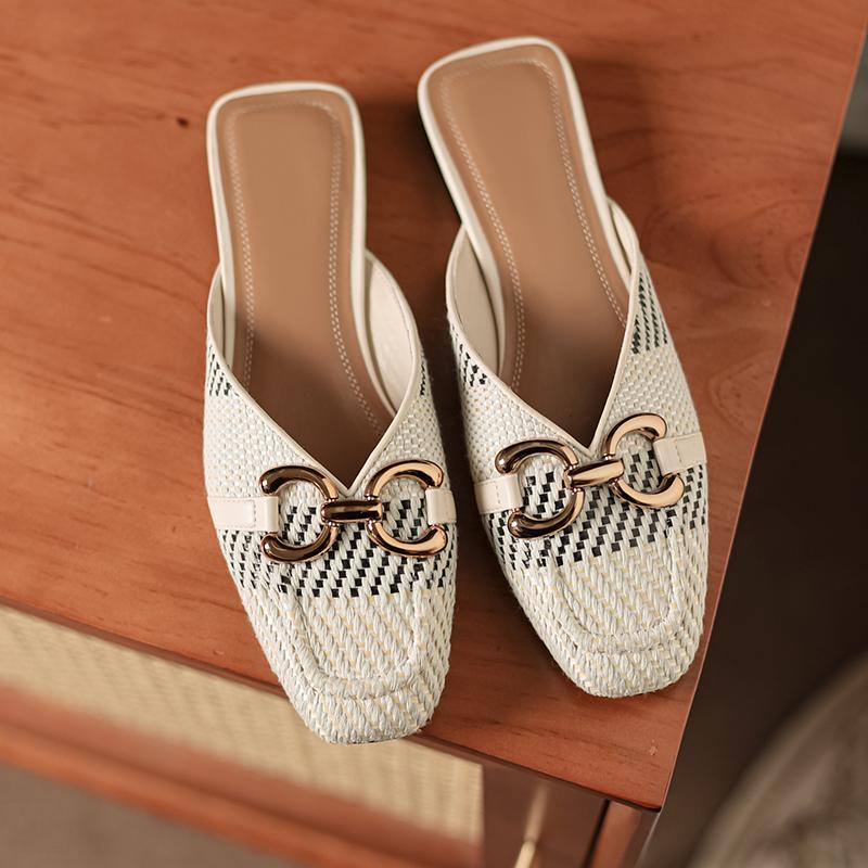 Fashion 2025 New Woven Fabric Mules Casual Summer Sandals Shoes for Women Toe Sandals Low Heel Slippers Shoes Women Metal Decoration