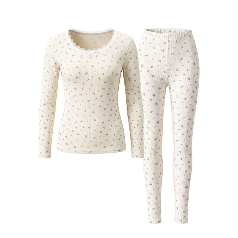 Womens 100% Cotton Floral Thermal Underwear Set - Anti-bacterial Warm Long Sleeve Top Pants Youth
