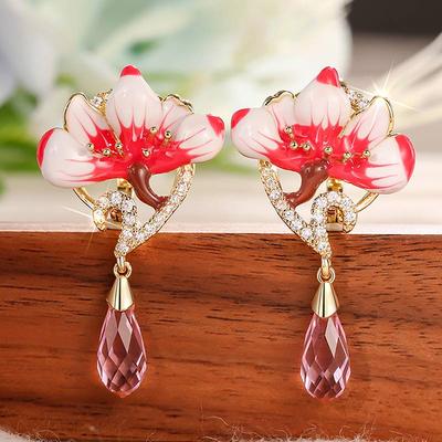 Pendientes Colgantes Huitan con Diseño de Flor Dulce para Mujer Estilo Fresco Accesorios Elegantes para Fiesta Joyería Diaria Incrustados con Brillante Circonita Cúbica Rosa