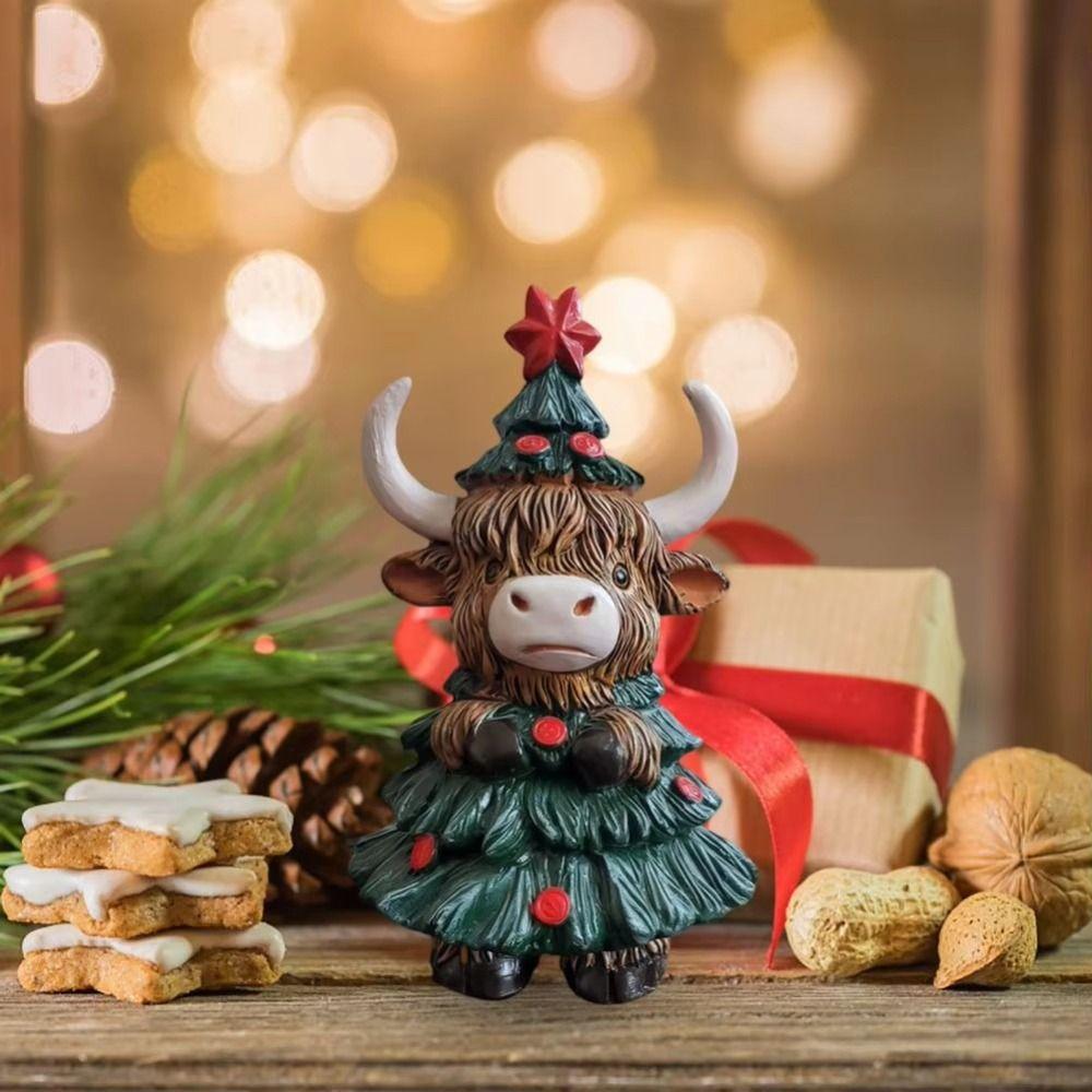 Funny Cow Figurine Resin Animal Sculpture Christmas Highland Cow Statue  Gift