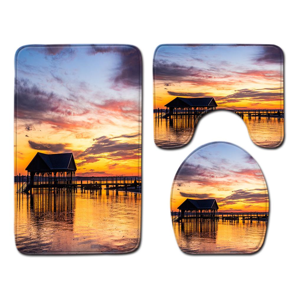 Beach View Bathroom Floor Mat Three-Piece Toilet Carpet Toilet Mat Set Door Mat Bathroom Non-Slip Mat