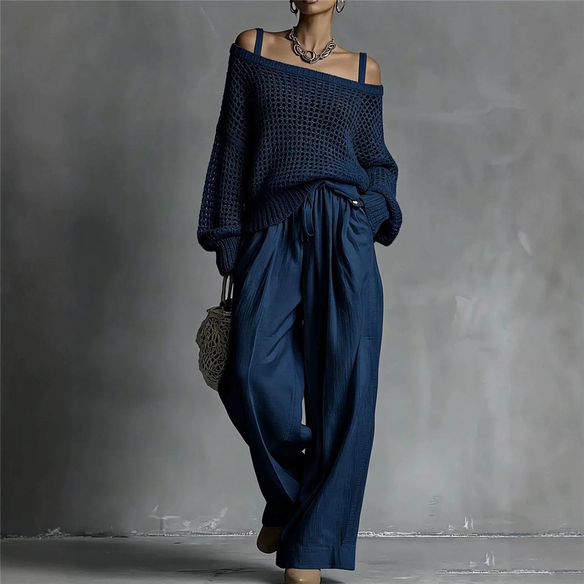Dames 2-delige Outfit Off-Shoulder Hol Gebreide Trui met Lange Mouwen Trekkoord Geplooide Wijde Broek Casual Twee-Delige Set L marineblauwe kleur