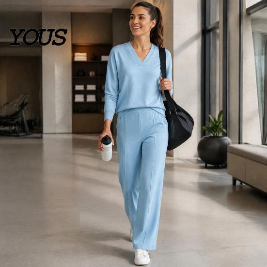 Damen Lässiges Loungewear Sweatshirt Hosen 2-teiliges Set, V-Ausschnitt Langarm Oberteil & Weiter V-Ausschnitt Pullover Sets Hosen mit Elastischem Bund, Einfarbig
