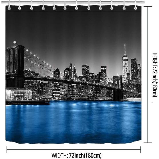 Namdeva Cityscape Shower Curtain, NYC Night View Blue East River Brooklyn Bridge Black and White Skyscraper Skyline Famous Building Modern Bathroom