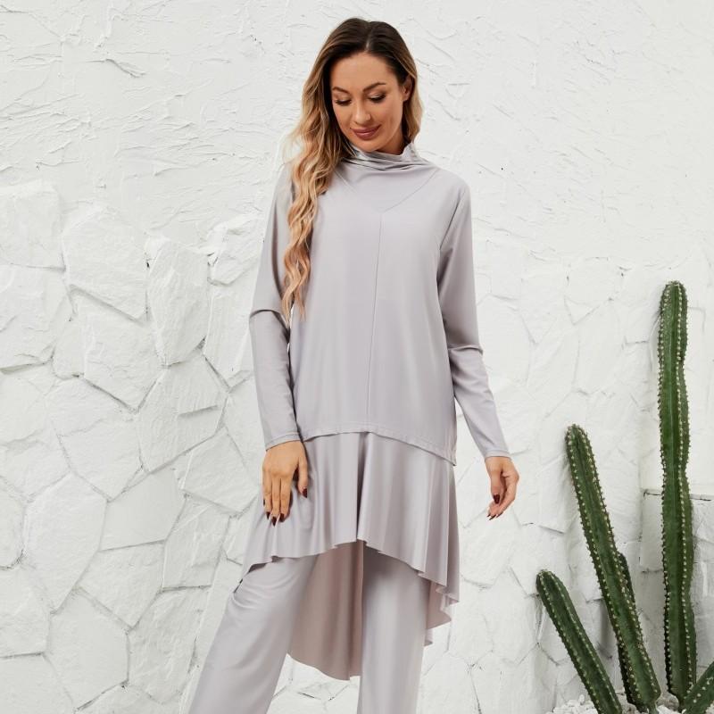 Women's 3-Piece Modest Burkini Swimsuit, Long Sleeve Ruffle Tunic & High Waist Pants with Hijab, Full Coverage Swimwear