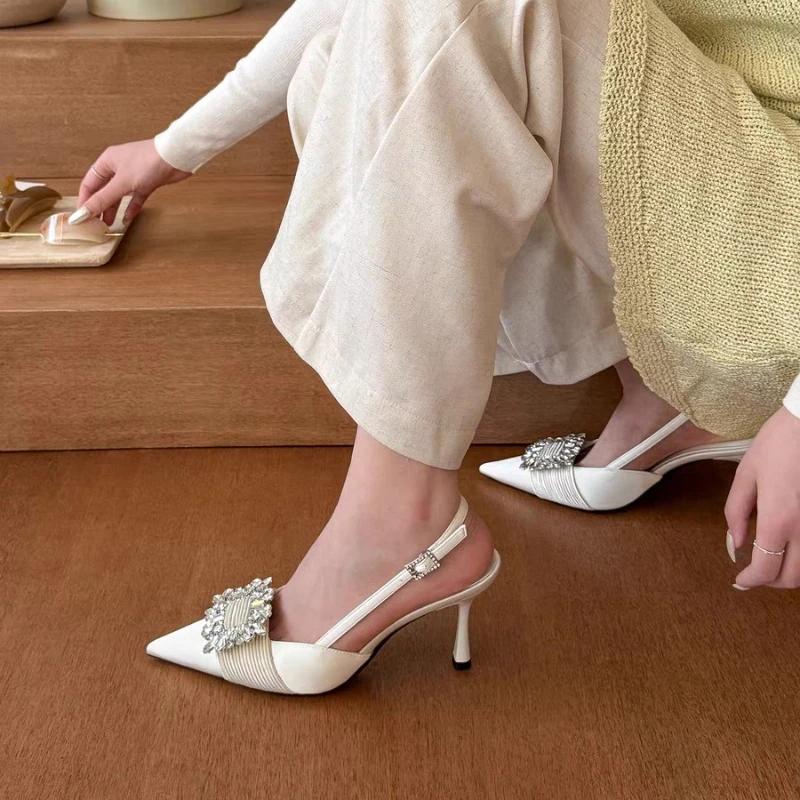 Women's Single Shoes with Heels Thin Heels Pointed Toe Rhinestones Heels Dress Banquet Leaking Heel French Sandalias De Mujer