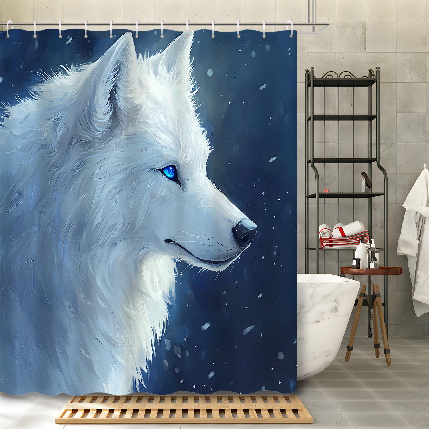 1pc Fierce Animal Wild Wolf White Wolf Bathroom Shower Curtain with 12 Hooks Shower Curtain Partition Curtain, Bathroom Decorati 90x180cm35x71in