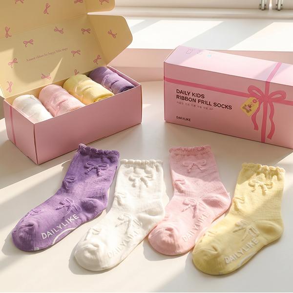 DAILYLIKE Daily Kids Ribbon Frill Socks 4-Pack Korean Cute Ruffle Socks for Girls