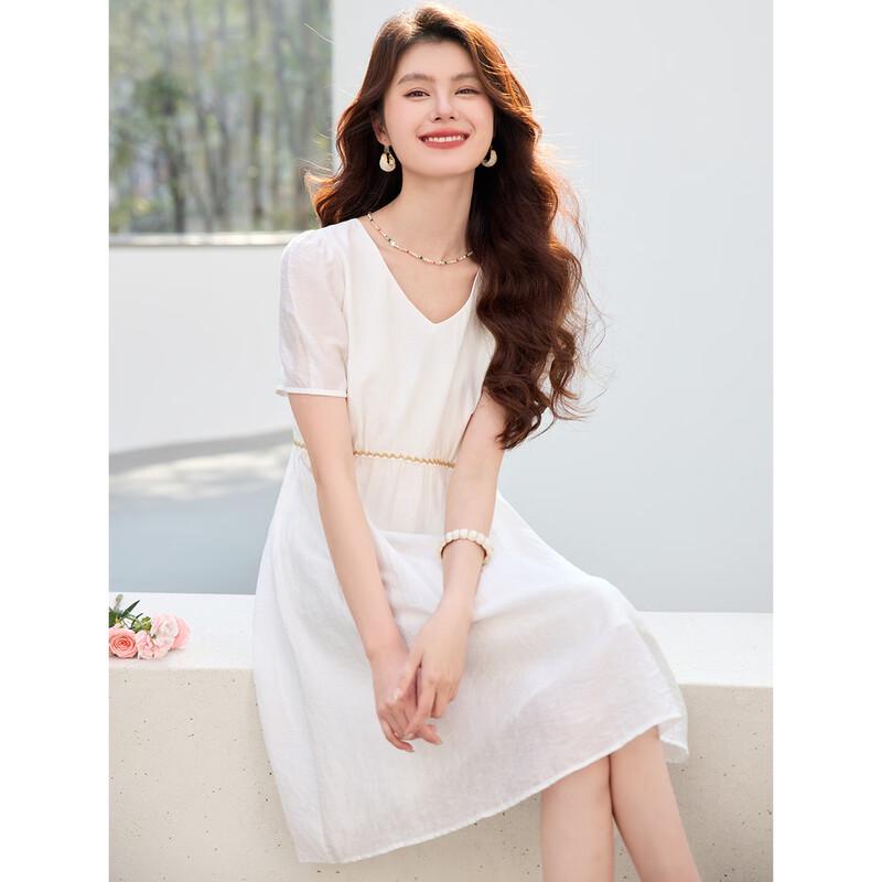 Sanpowa Women's V-Neck Midi Dress with Fitted Waist