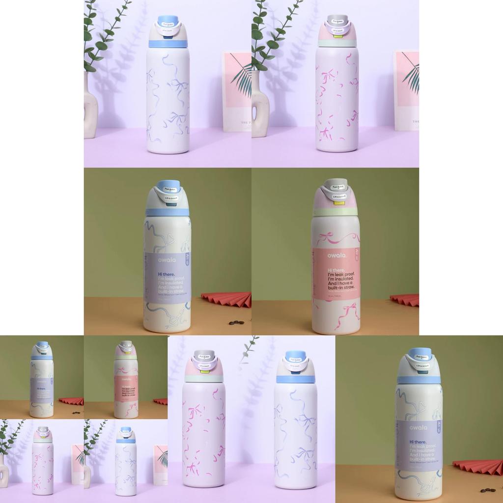 Ribbon Bow Pattern Print Insulated Water Bottle With Reusable Straw For Camping And Travel