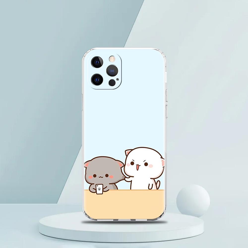 Cute Cartoon Cat Couple Luxury Phone Case For iPhone 16 15 14 13 12 11 Pro Max XS X XR SE 7 8 Plus soft Silicone Clear Cover