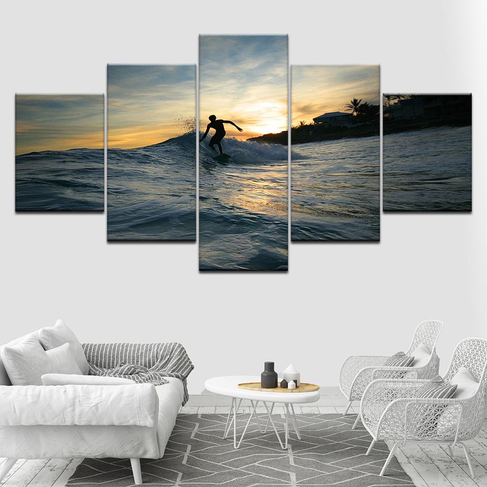 

5 Piece Wallpapers a boy surfing on sea Art Canvas Print modern Poster Modular art painting for Living Room Home Decor 20x35 20x45 20x55cm