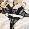 Europe Women Sexy Lace Underwear Set Ultra Thin Mesh Bras and Thong Sets Match Fashion Shiny Metal Chain Lingerie Push Up Bra
