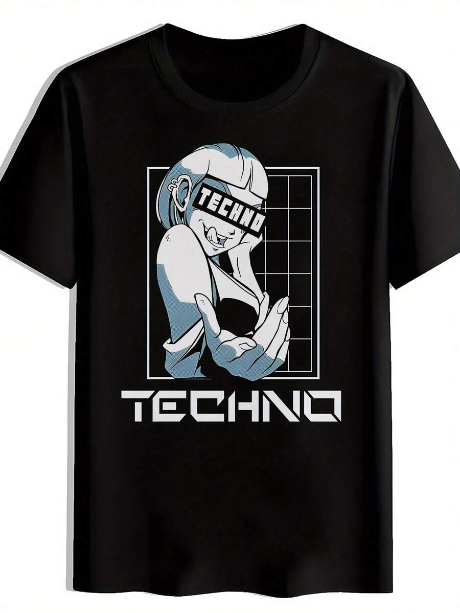 UnisexS Graphic TShirt Funny Techno DJ Portrait Bold TECHNO Text Black Clubwear Tee For Raves S