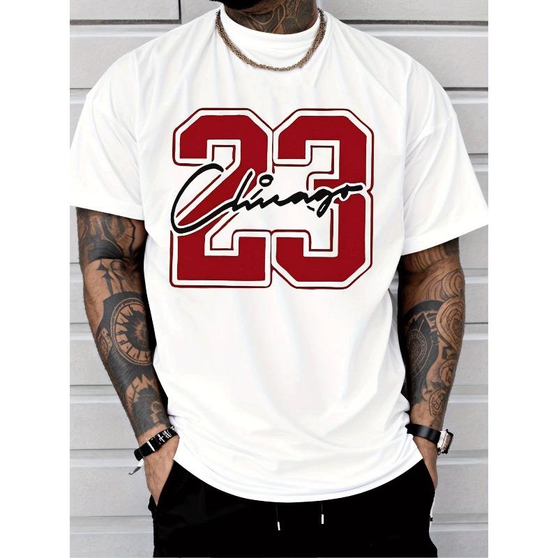 Europäische Größen Herren Freizeit Grafik-T-Shirt mit roter Nummer 23 und Signatur-Print | Atmungsaktiv, Feuchtigkeitstransportierend, Reguläre Passform, Kurzarm