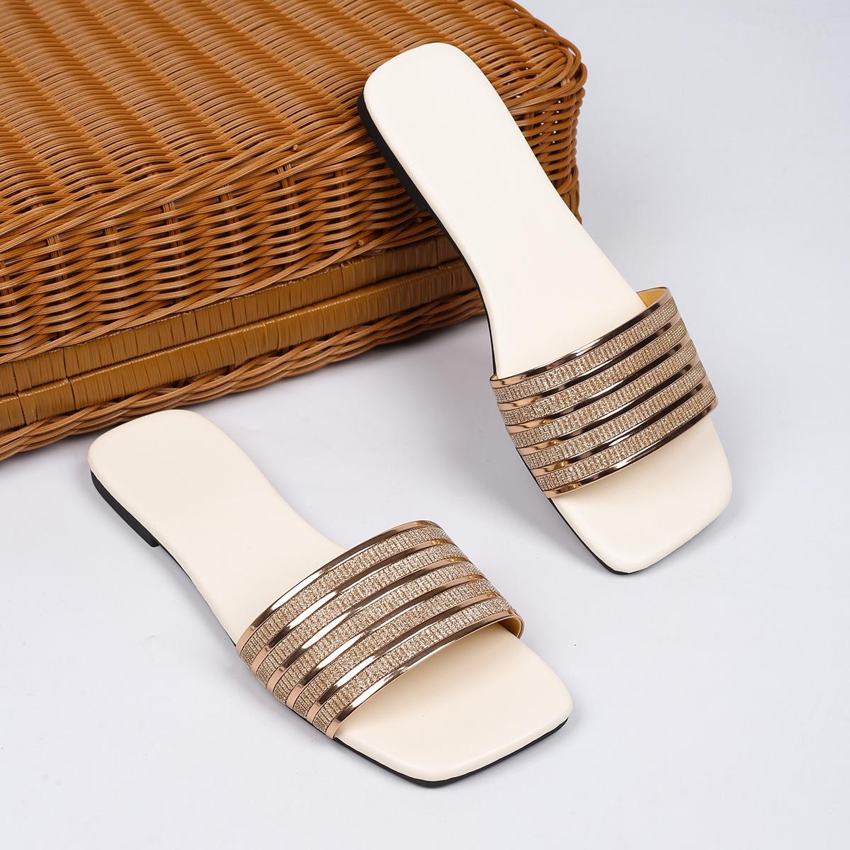 

Новые полосатые тапочки со стразами на плоской подошве для женщин 2025 лето новые повседневные односимвольные классные тапочки для женщин 43 белый