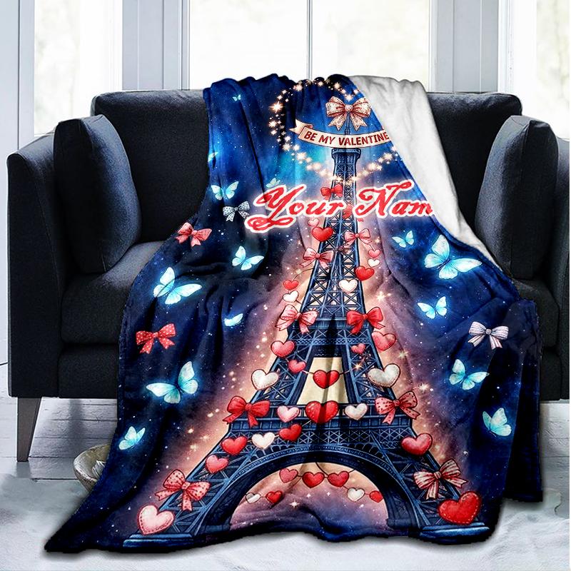 1PC Custom Name Eiffel Tower Valentine Flannel Blanket Versatile,all-season Throw Suitable for the Living Room,bedroom,camping,travel,and Gift