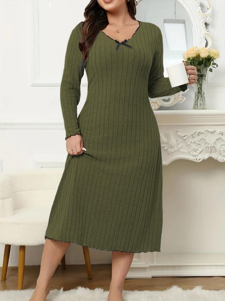 Spring New Arrivals Plus Size Dresses V-Neck Long Sleeve Solid Color Ear Trim Fashion Women's Clothing