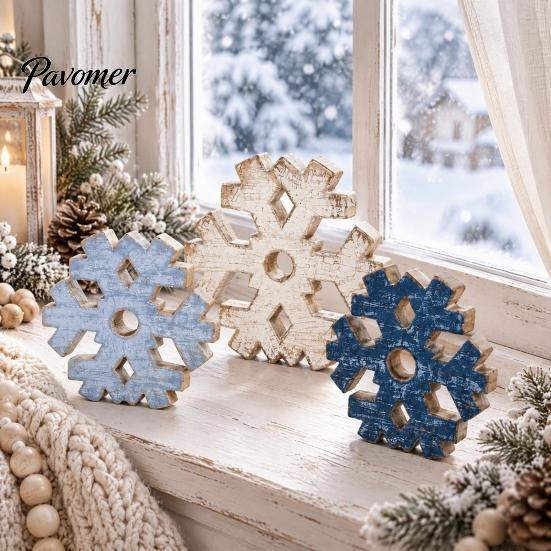 Winter Farmhouse Shelf Ornaments 3 Pcs Snowflake Wooden Signs, Rustic Table Decoration, Hollowed Out Crafts Block Sign for Christmas Tiered