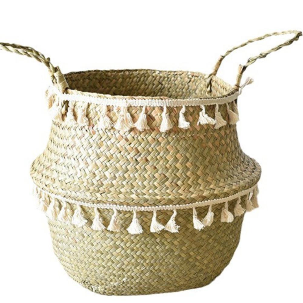 

Ручная работа с ручкой Бохо декор корзина Экологичная плетеная корзина в деревенском стиле Дизайн с кисточками Плетеная вручную корзина Домашний декор 22CM