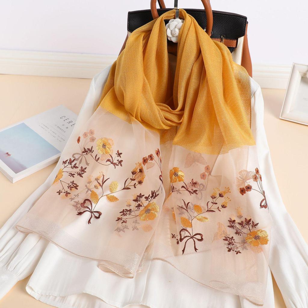 Autumn And Winter Simulated Silk Sunscreen Embroidery Long Silk Scarf Temperament Versatile Shawl Warm Embroidery Scarf Women