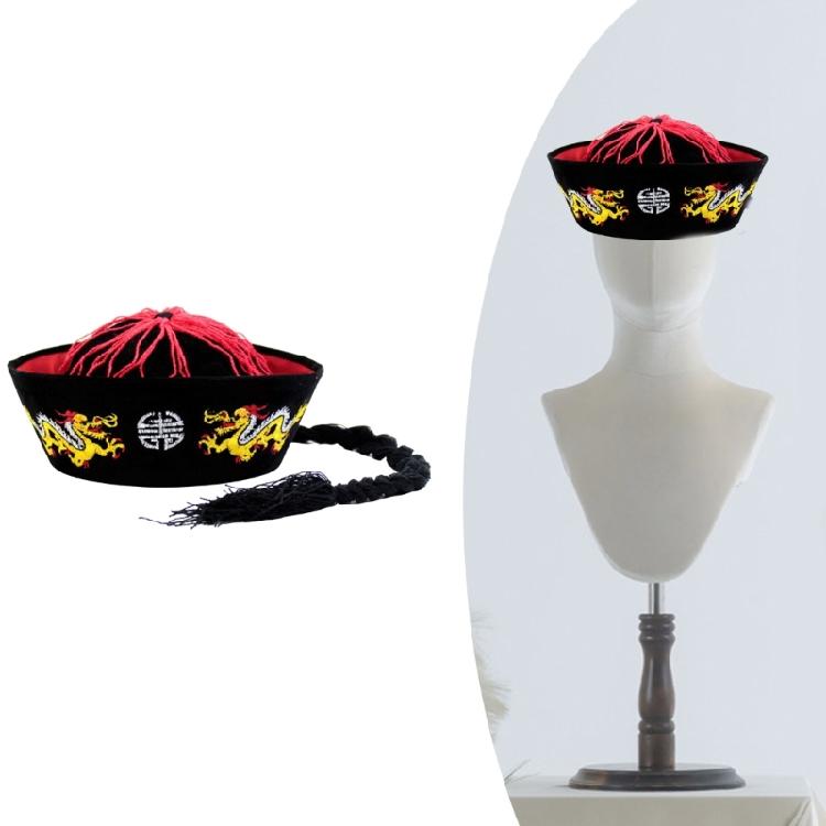 Ancient Chinese Mandarin Hat with Pigtail Halloween Costume Accessories for Men Women Halloween Party Outfit Accessory
