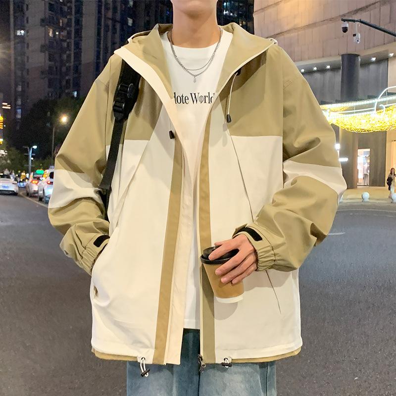 Herren Frühling und Herbst Neu Splicing Trendmarke Wasserdicht Locker Kapuzenjacke Freizeitjacke Top