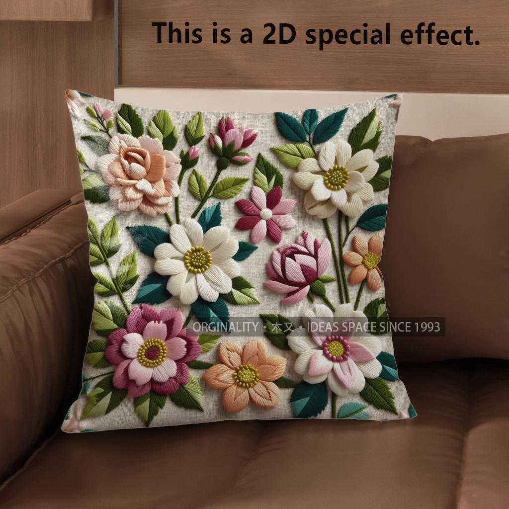 2D Vintage Embroidered Floral Throw Pillow Covers** Pattern Cushion Cover Suitable For Sofa Bedroom Car Pillow Cover