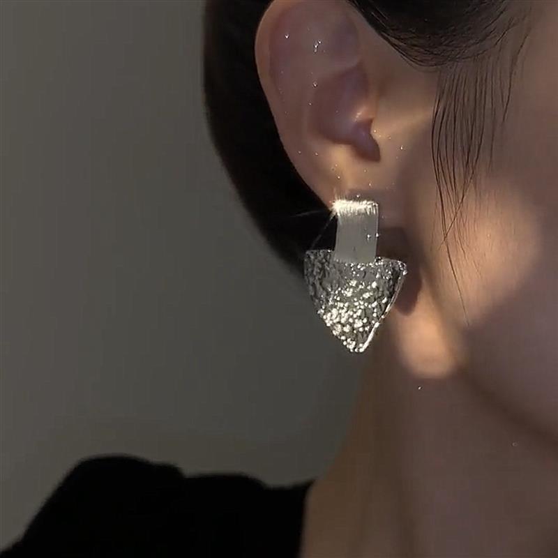 111 silver needle geometric triangular stud earrings irregular design sense lava texture earrings temperament cold wind earrings