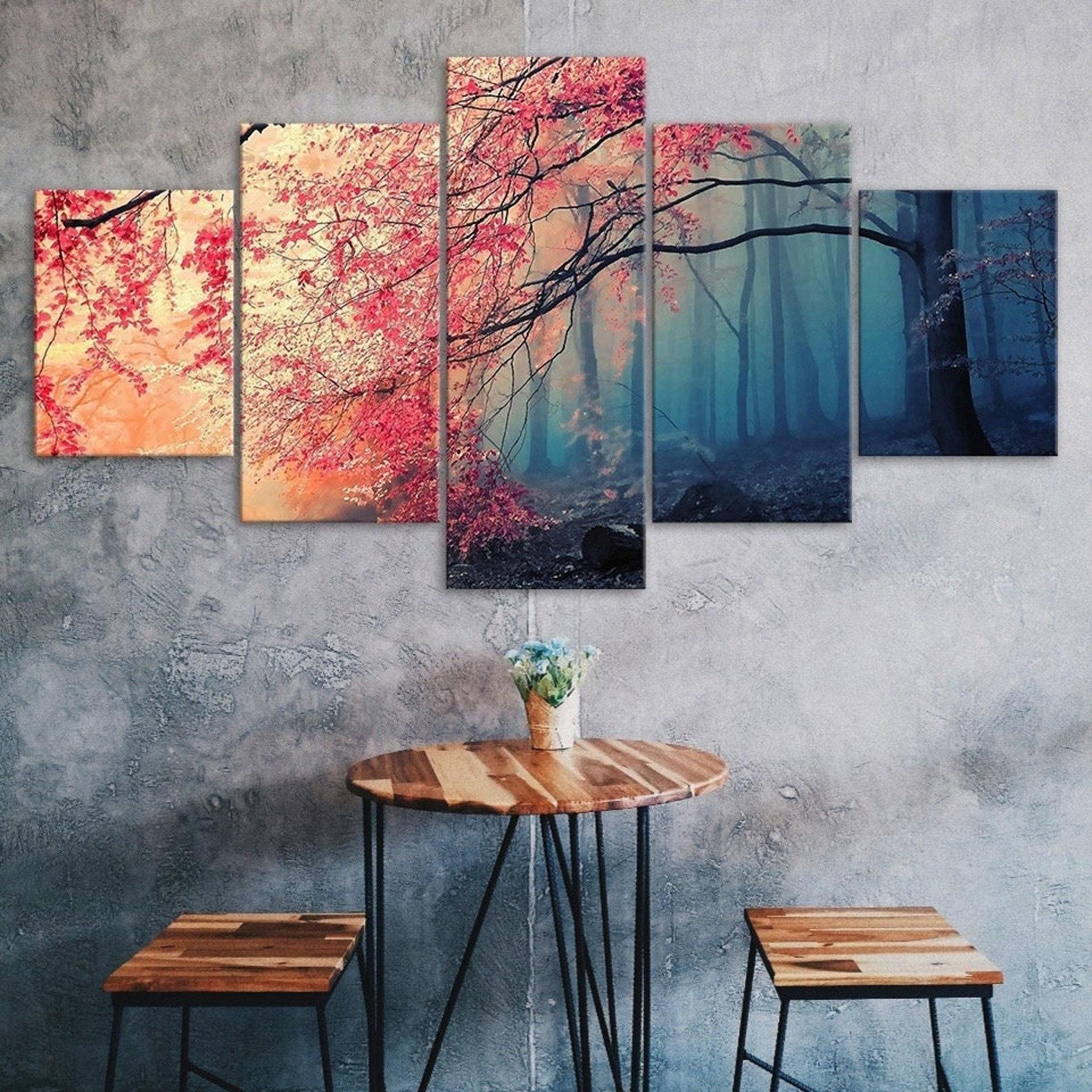 

Red Leaves Tree Mystical Foggy Forest 5 Piece Canvas Wall Art Multi Panel Print Modern Nature Poster Home Decor Picture Gift For Him For Her 20X35 20X45 20X55CM