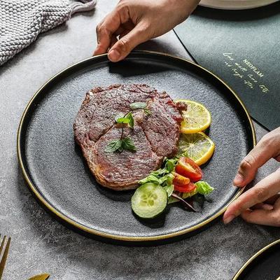 Flat Ceramic Western Dish Household 8-inch Black Non Slip Steak Plate Restaurant Commercial White Circular Pasta Tableware