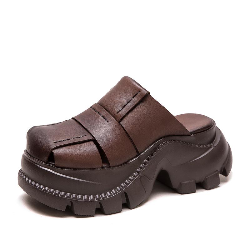 Moda 7cm Mocassini in Vera Pelle di Mucca Scarpe Basse di Gomma Sandali con Zeppa Piattaforma e Gancio Estive Comode e Accoglienti Pantofole Sagomate Scarpe