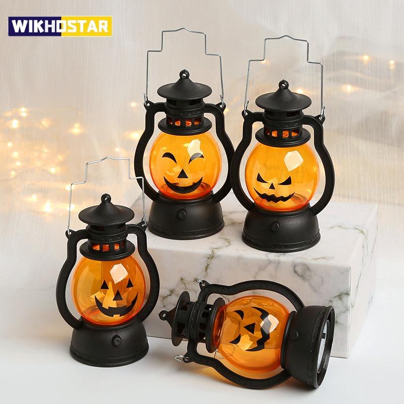Halloween LED Hanging Pumpkin Lantern Light Ghost Lamp Candle Light Retro Small Oil Lamp Halloween Party Home Decor Horror Props