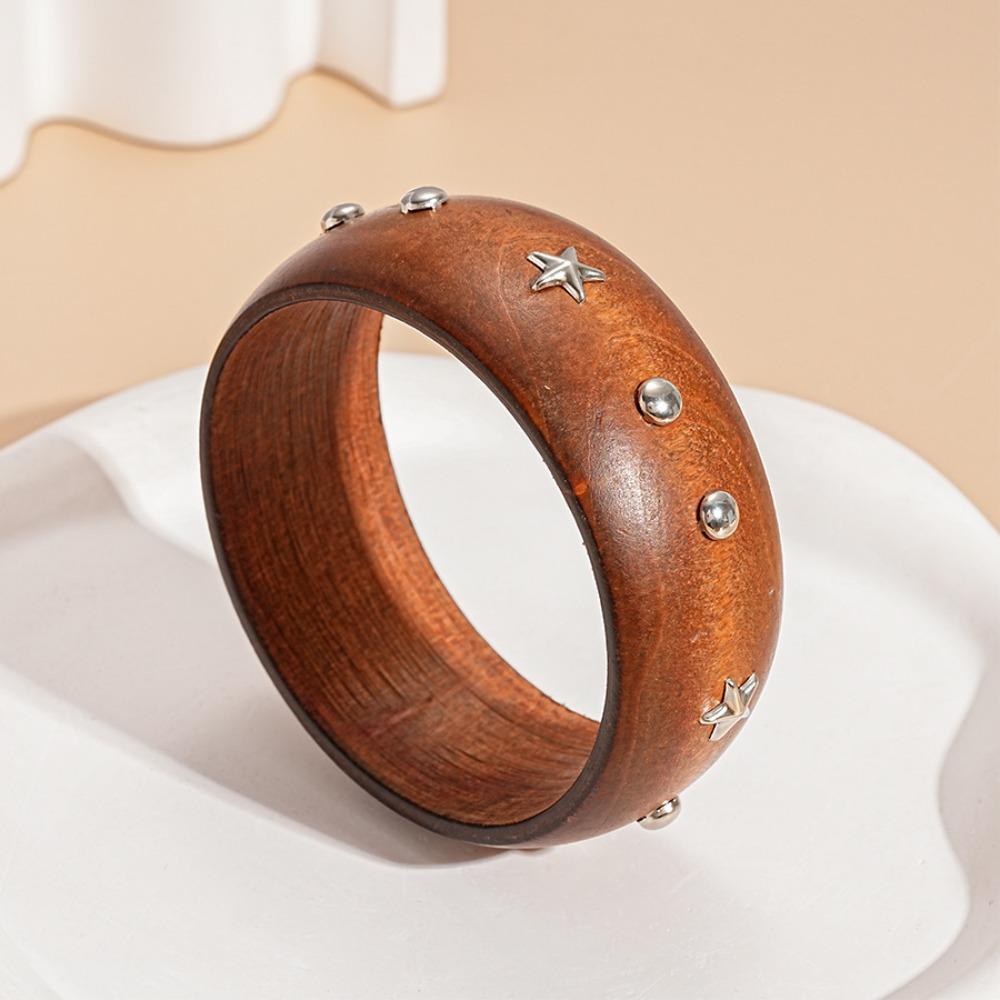 Punk Wooden Bracelet Wide Rivets Bangle Vintage Round Bracelet  Women