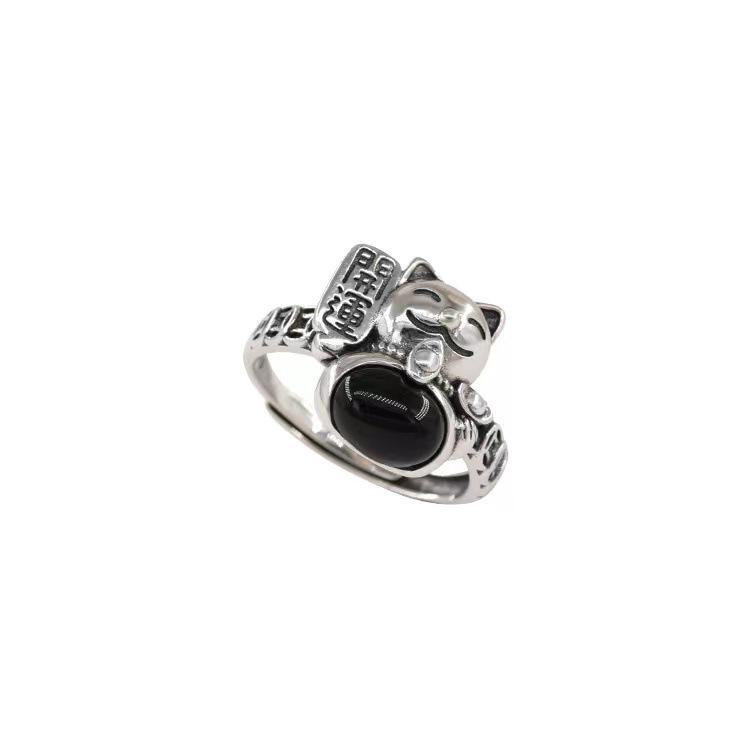 2024 New Korean-Style Black Zirconia Lucky Cat Adjustable Ring