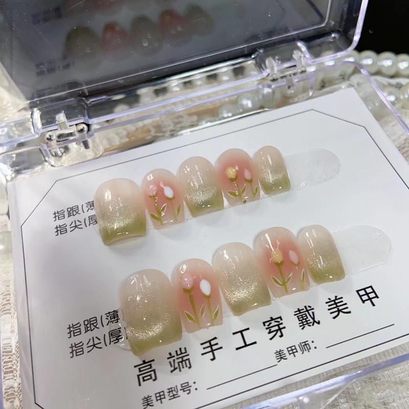 Handmade High-End Removable Tulip Cat-Eye Blush False Nail Tips