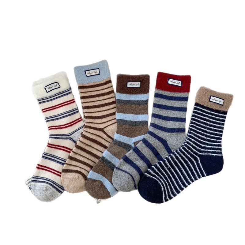 Woolen Socks for Women In Autumn and Winter, Thickened and Fleece Warm Mid-calf Socks, Striped Trendy Long Socks