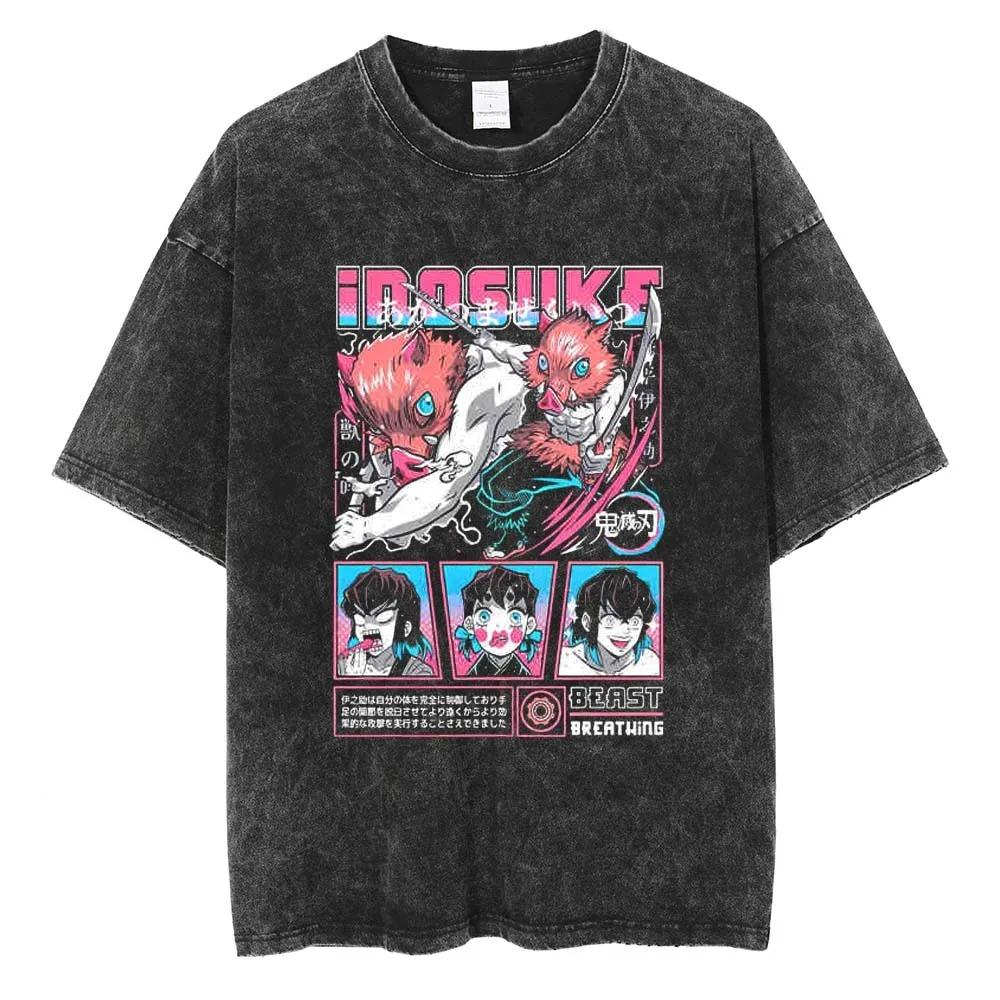 Hot Japan Anime Demon Slayer Graphic Print T-Shirt Men Women Vintage Washed Cotton Summer New Tee Streetwear Hip Hop Harajuku Fashion Oversized Top