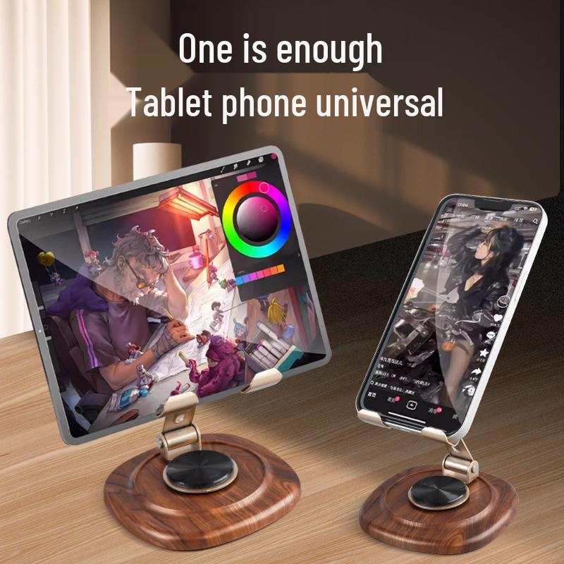 Rotating Foldable Desktop Phone Holder with Metal Stand and Walnut Base