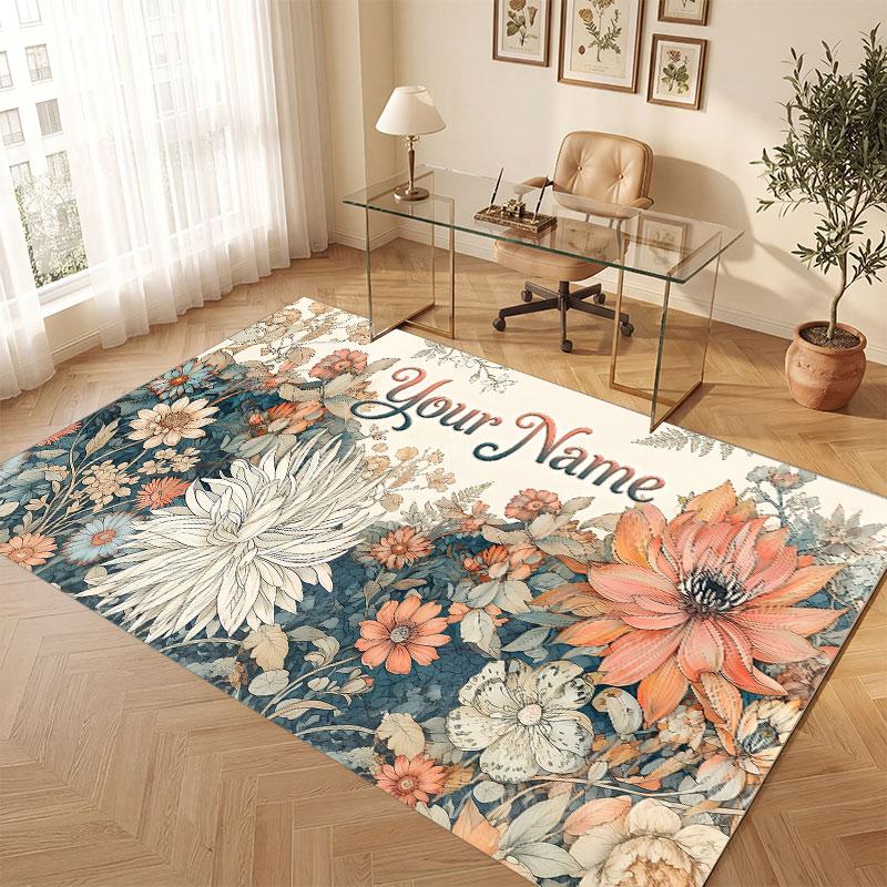 Floral Garden Theme Crystal Velvet Floor Rug Personalized Custom Name Text Warm Carpet Home Decoration