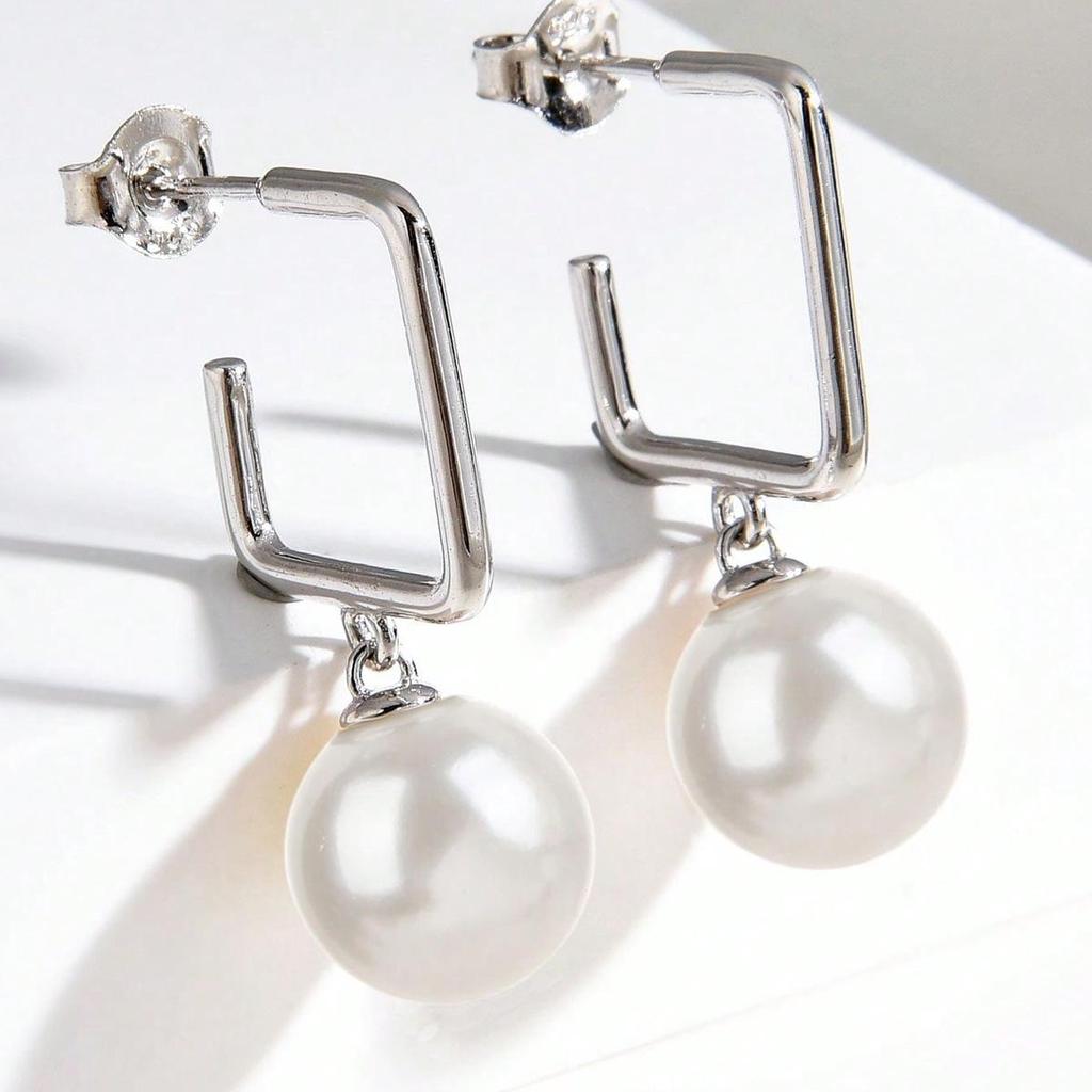 Korean Style Elegant Sterling Silver Pearl Geometric Dangle Earrings